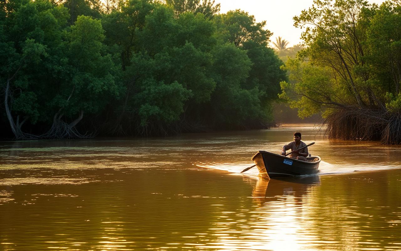 Madu Ganga river Balapitiya Sri Lanka with mangroves and a traditional wooden boat on calm river water in warm afternoon light