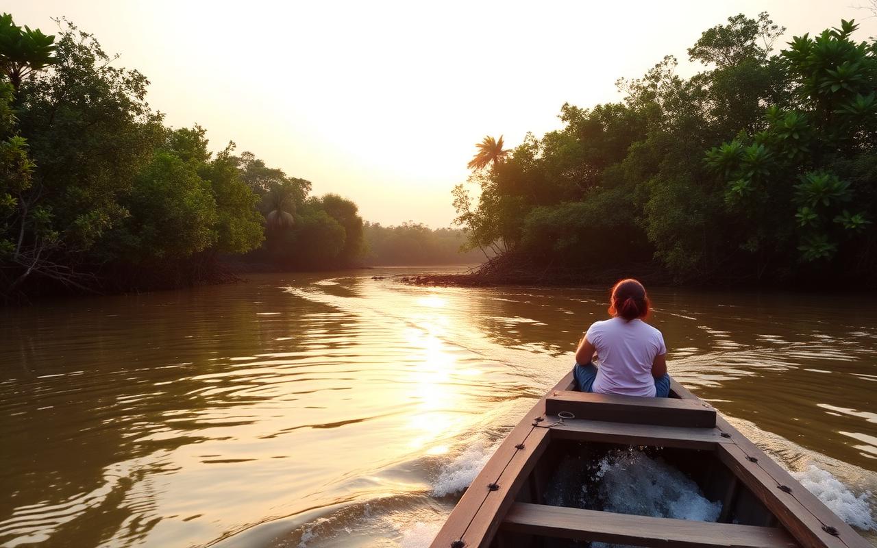 River safari boat trip on Madu Ganga Balapitiya Sri Lanka with a wooden motorboat passing mangrove islands on calm lagoon water in warm light