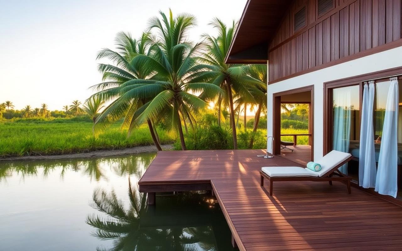 River-side boutique villa reference near Madu Ganga Balapitiya Sri Lanka with deck, palm trees and lagoon water