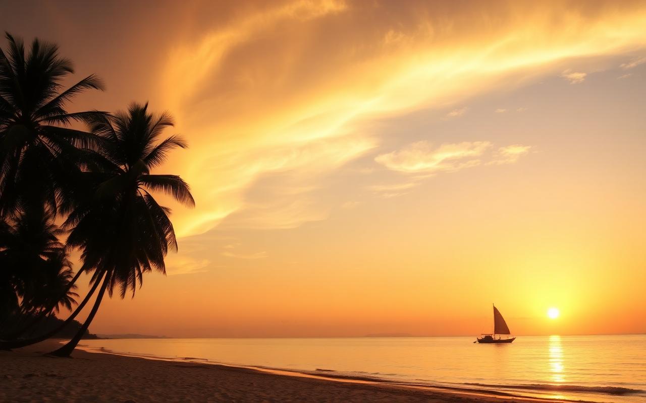 Sunset over Balapitiya Beach Sri Lanka with palm trees, golden sky and a fishing catamaran silhouette
