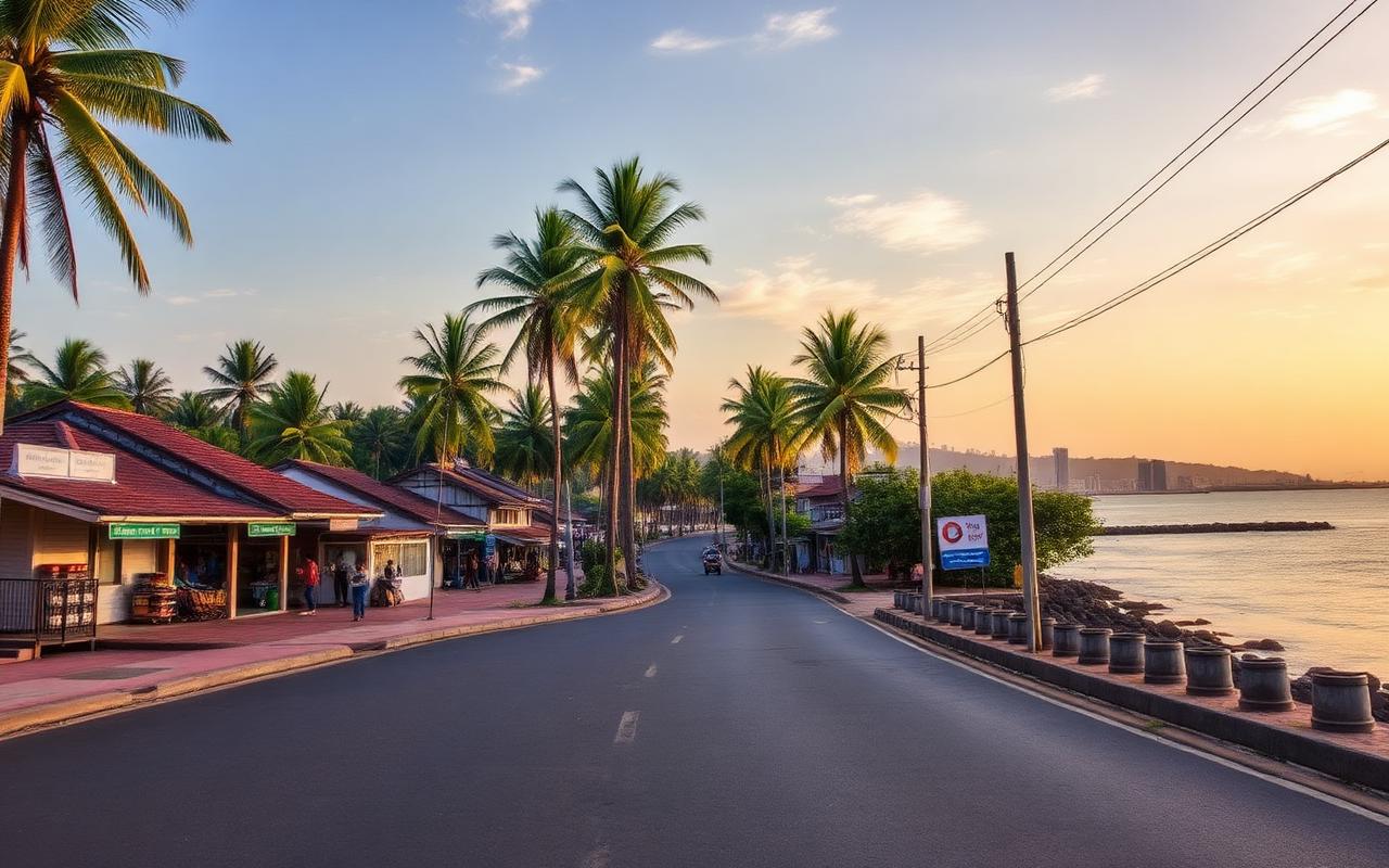 Balapitiya town Sri Lanka along Galle Road with palm-lined coastal road, small local shops and warm afternoon light