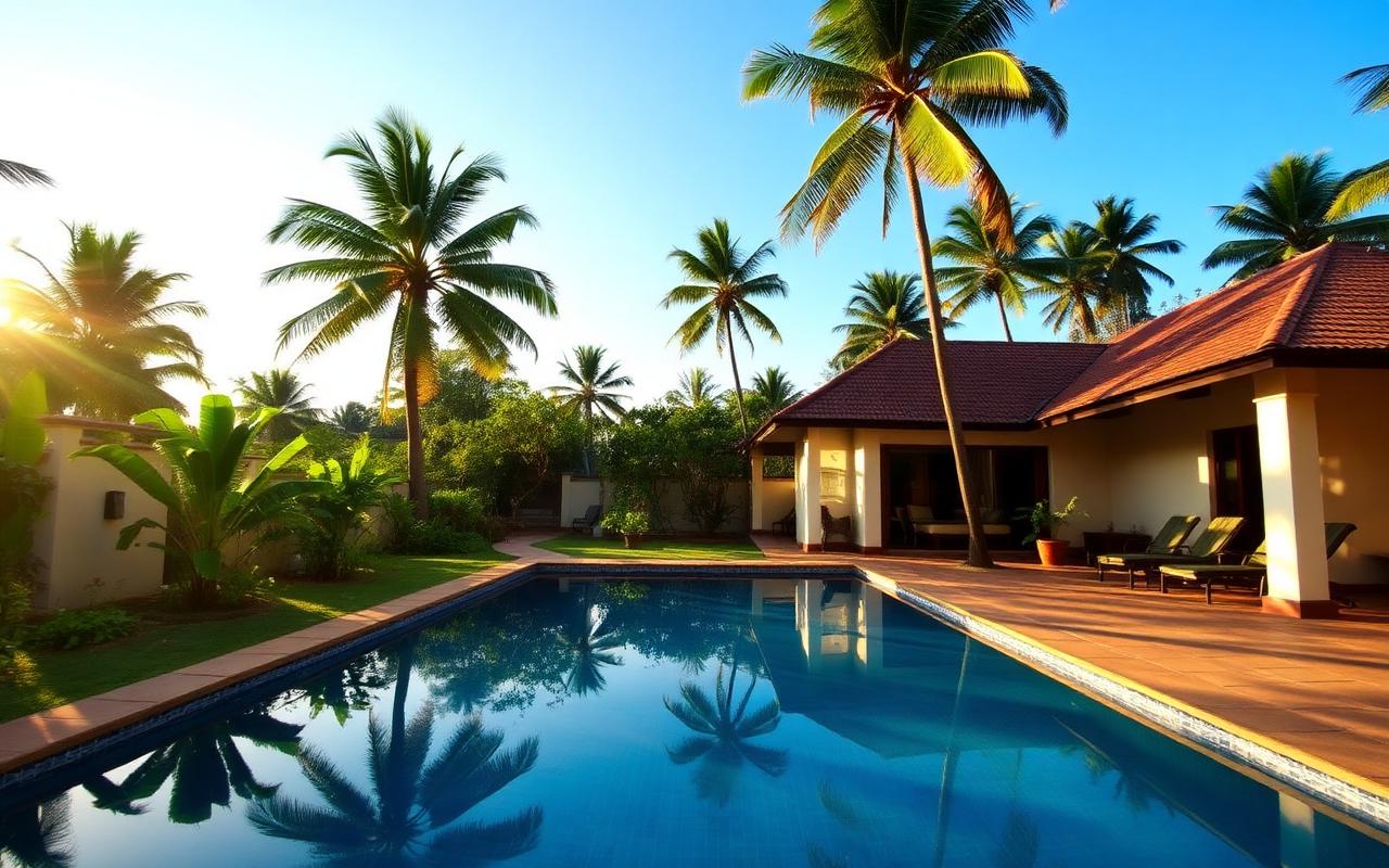 Small boutique villa near Balapitiya Sri Lanka with private pool, palm trees, garden and tropical architecture in warm afternoon light