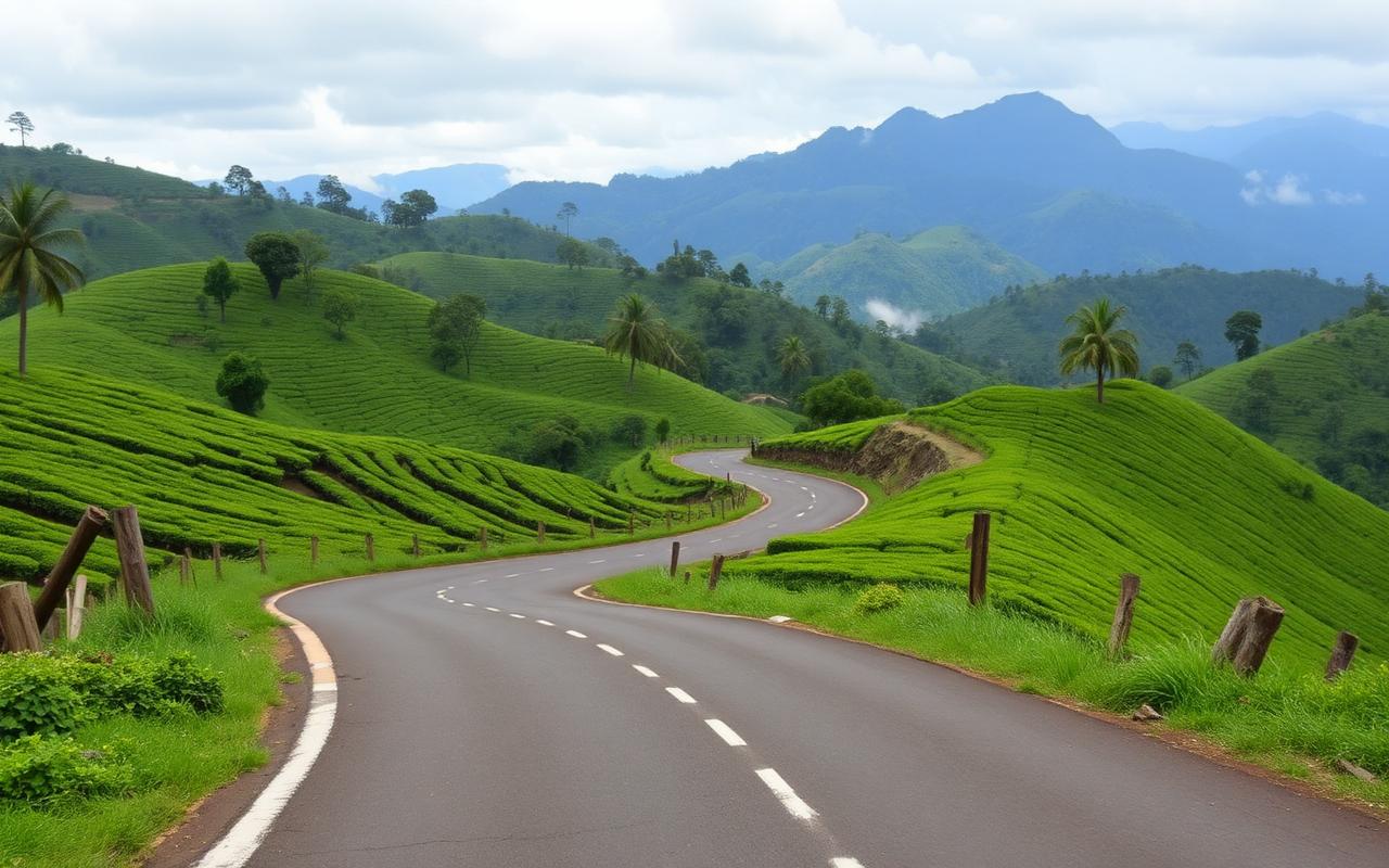 Hill country road toward Badulla from Bandarawela Sri Lanka with green tea estates, winding road and mountain ridges