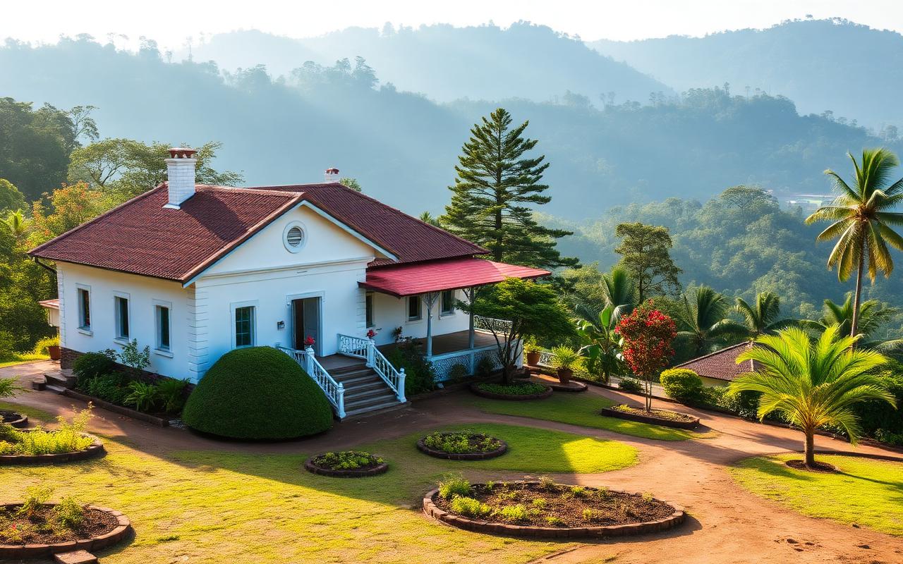 Heritage colonial bungalow near Bandarawela Sri Lanka with white facade, gardens, pine trees and surrounding hill country in cool morning light