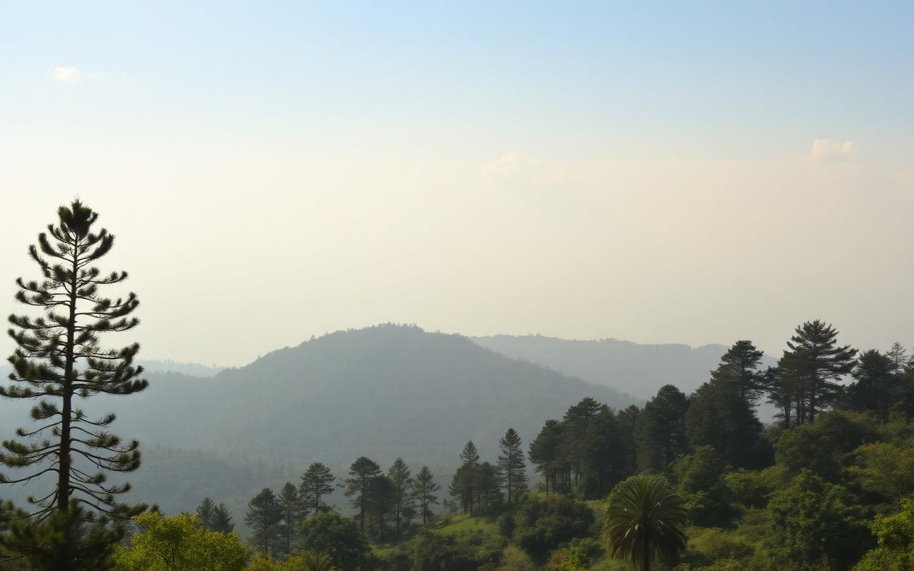 Diyatalawa small hill country town near Bandarawela Sri Lanka with pine trees and mountain backdrop under soft cool light
