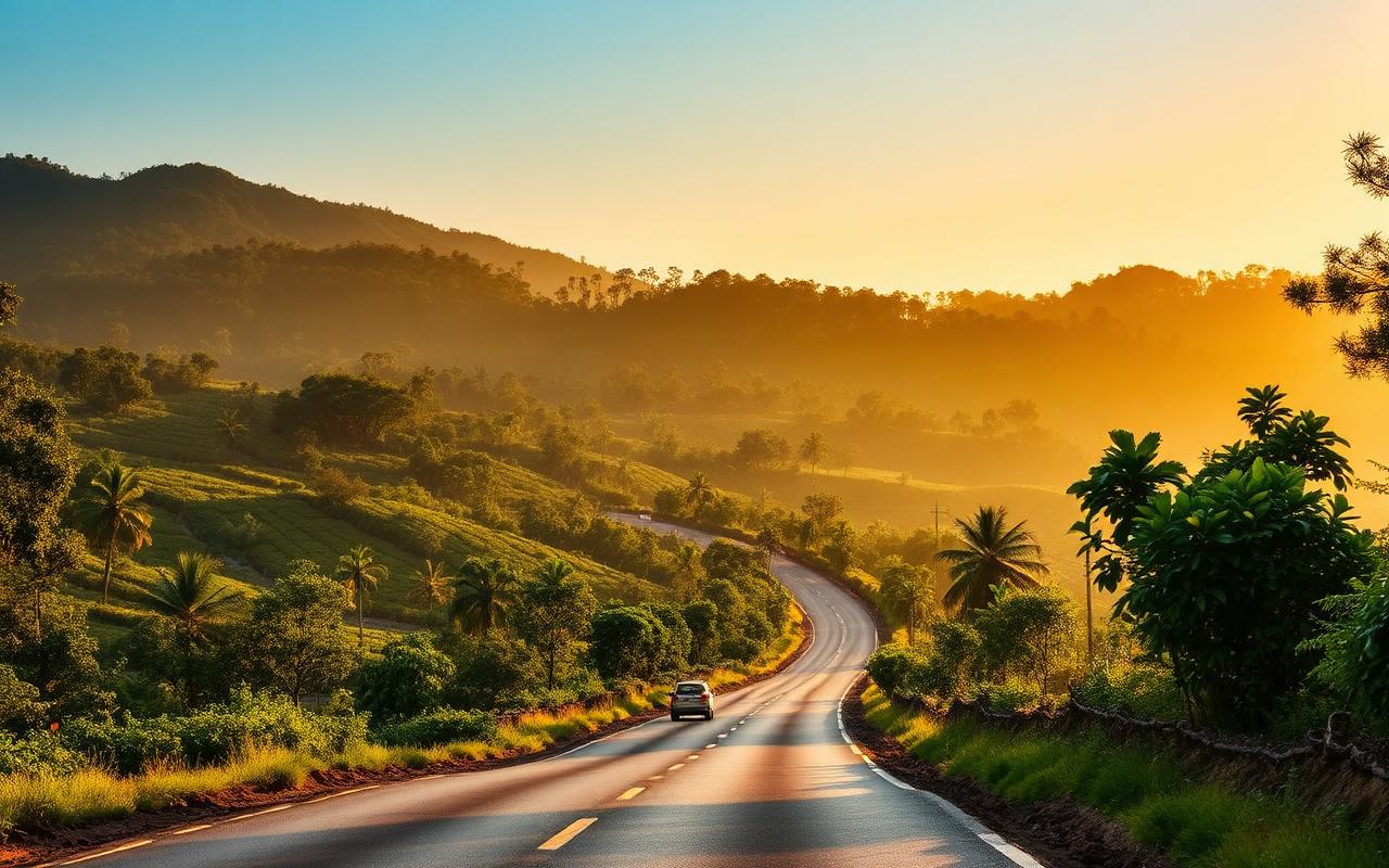 Scenic hill country road from Bandarawela toward Ella Sri Lanka through tea estates and forested mountains in golden afternoon light