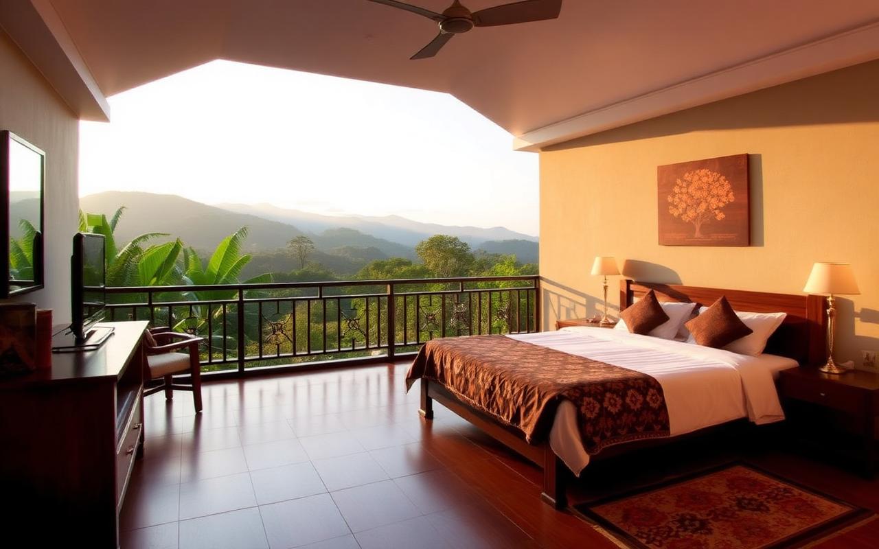 Family-friendly cool weather hotel in Bandarawela Sri Lanka with cosy garden, larger rooms and mountain view in warm light