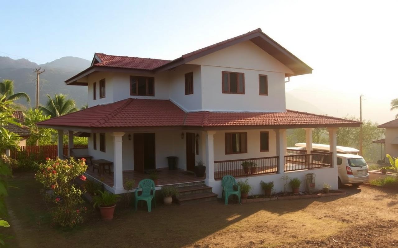 Family-run guesthouse in Bandarawela Sri Lanka simple hill country home with garden, parking and mountain backdrop in soft afternoon light