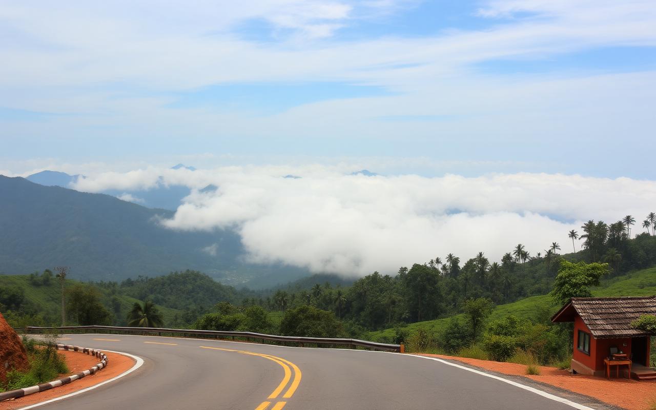 Mountain road between Bandarawela and Haputale Sri Lanka with sweeping tea hill views and clouds drifting through valley