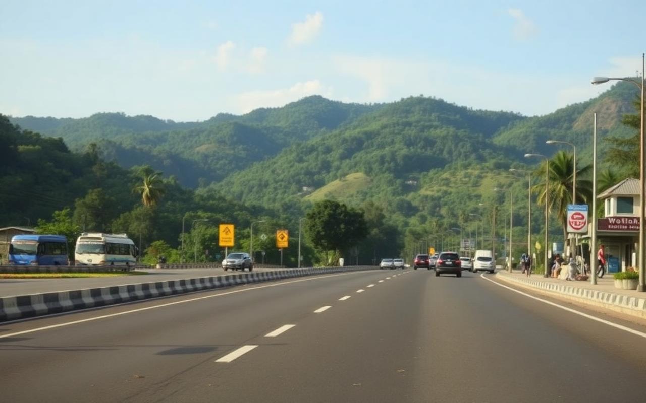 Colombo road approach into Bandarawela Sri Lanka with hill country highway, roadside shops and green mountains under soft daylight