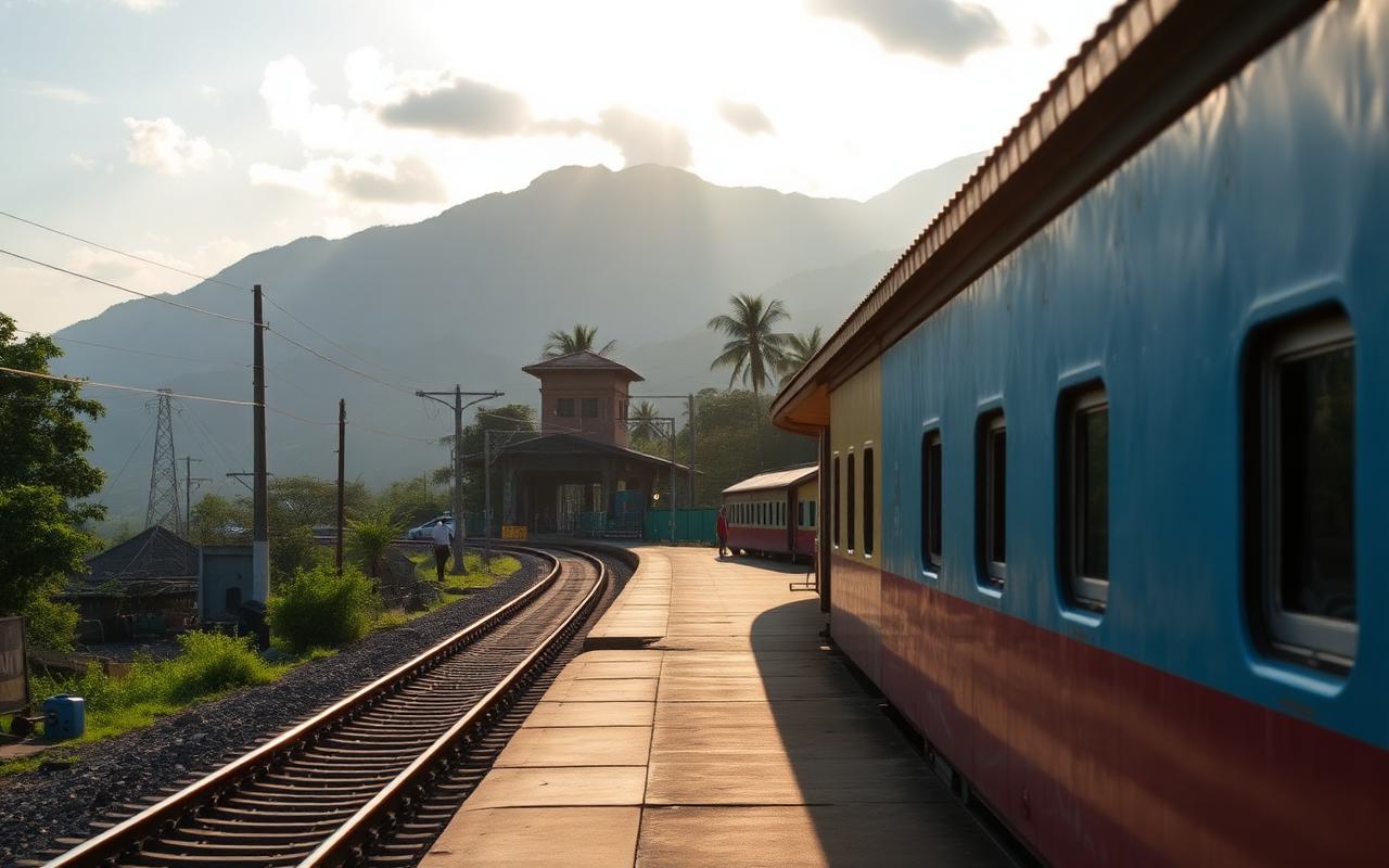 Bandarawela railway station Sri Lanka small hill country train platform with mountains in background and warm afternoon light