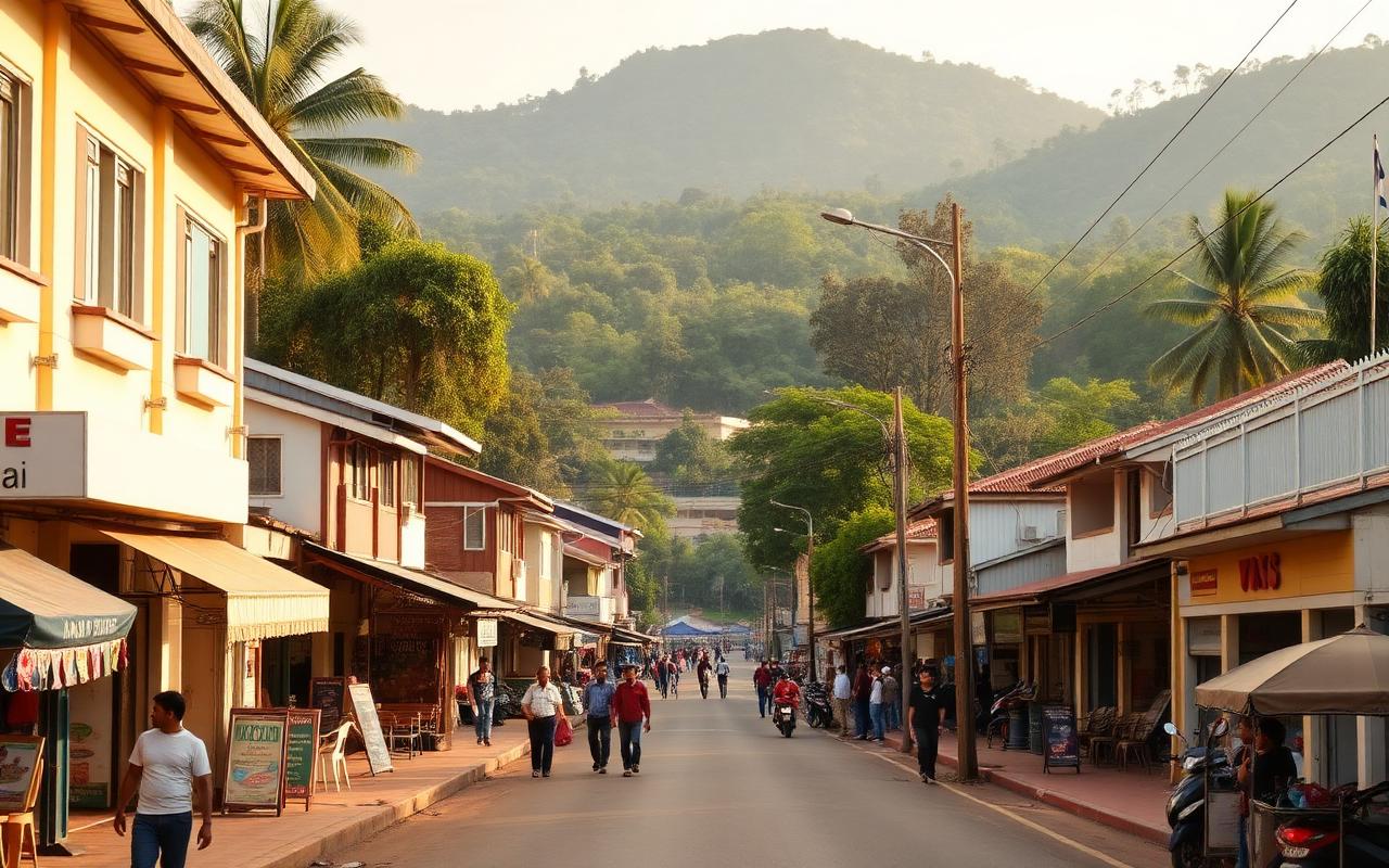 Bandarawela town centre Sri Lanka small hill country main street with shops, pedestrians and mountain backdrop in cool afternoon light