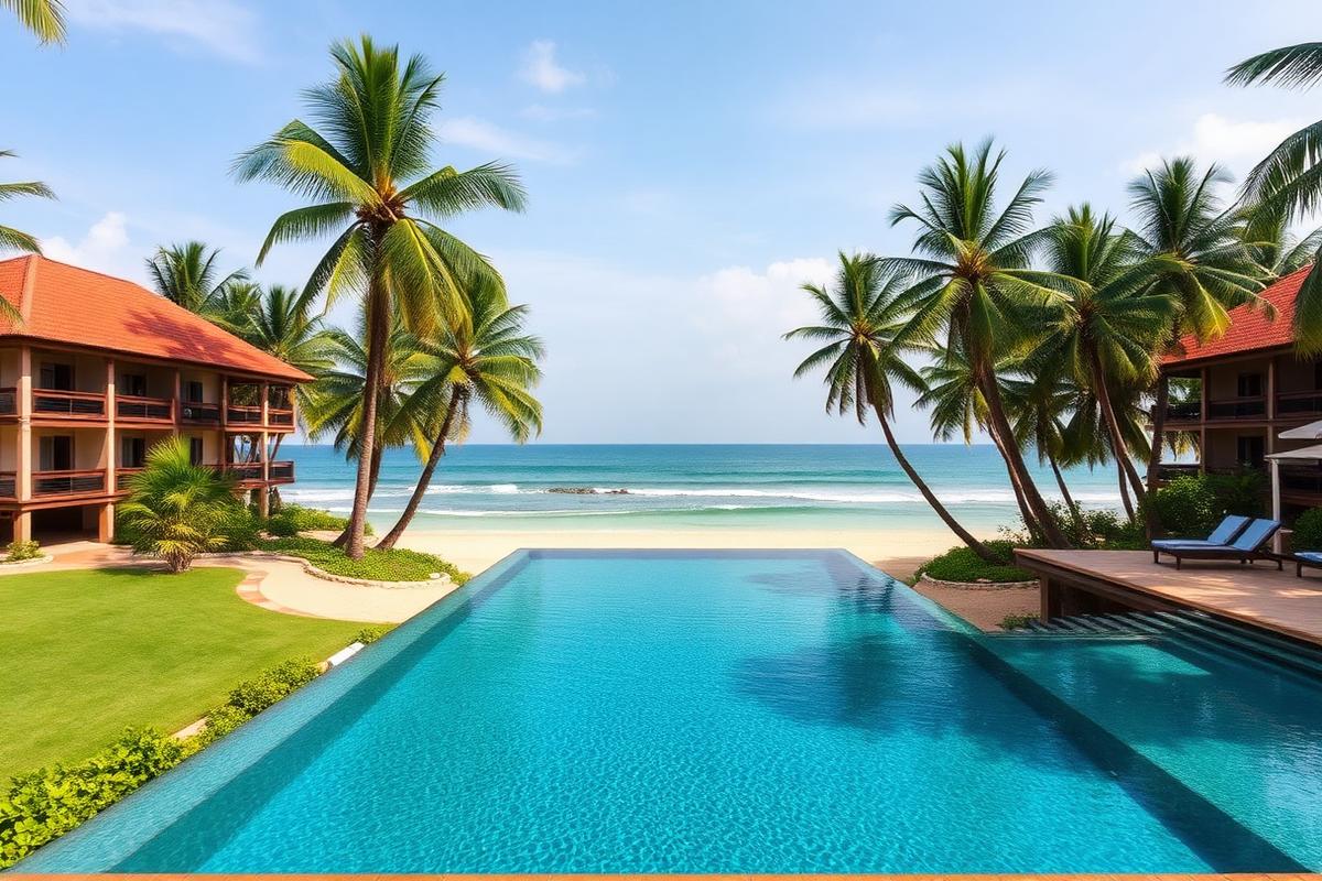 Ahungalla Sri Lanka large beach resort with infinity pool fronting onto a long empty golden sandy beach and turquoise ocean, coconut palms in premium southwest coast atmosphere