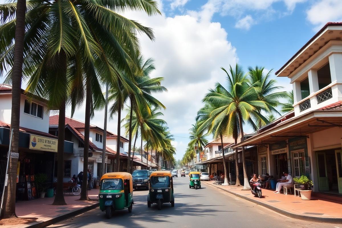 Aluthgama Sri Lanka palm-lined southwest coast town street with tuk-tuks, small shops and the railway station nearby in relaxed daytime atmosphere