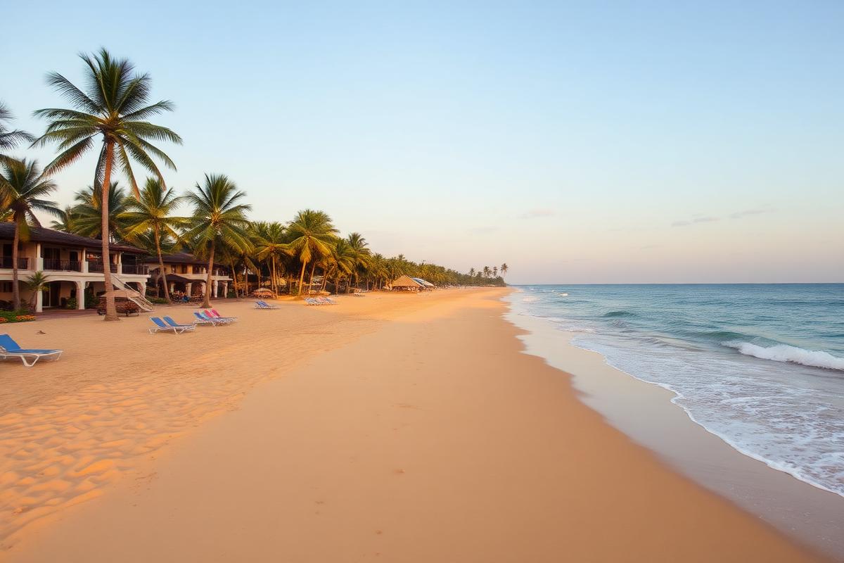 Bentota Beach Sri Lanka long golden sandy beach lined with coconut palms, beach hotel sun loungers and gentle turquoise waves on the southwest coast in soft afternoon light