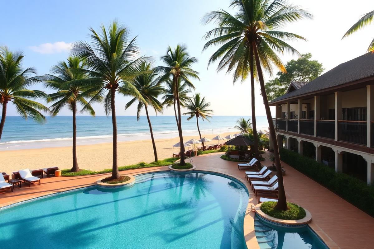Beruwala beach Sri Lanka large beach resort with palm-lined pool deck, sun loungers and view onto sandy beach and ocean in afternoon light
