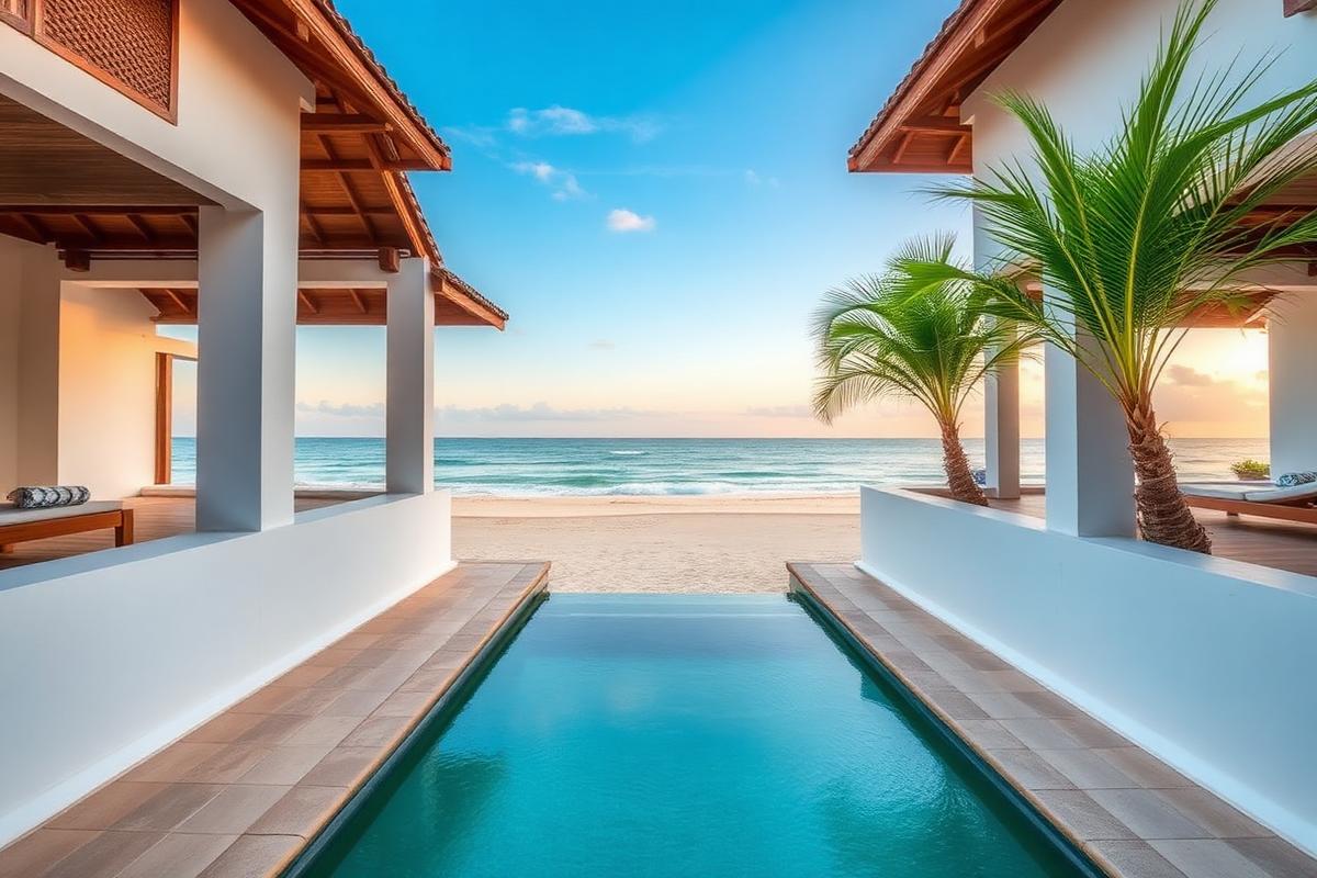 Bentota Sri Lanka boutique beach villa with white walls, wooden details, small palm-lined plunge pool facing the ocean in premium quiet southwest coast atmosphere at golden hour
