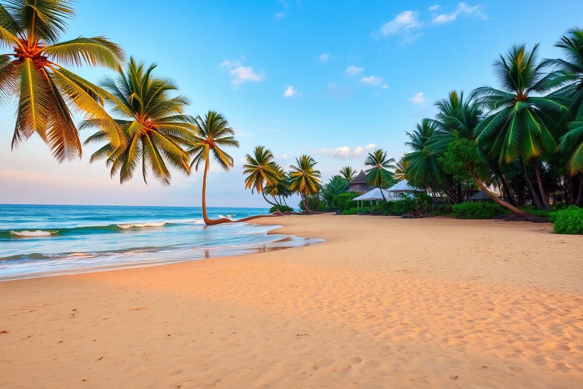 Induruwa beach Sri Lanka quiet wide empty golden sandy beach with coconut palms, gentle turquoise waves and a small boutique hotel in the distance at golden hour