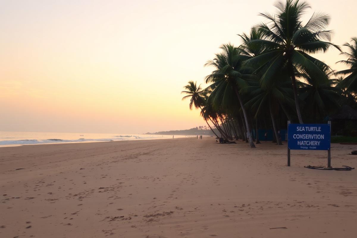 Kosgoda beach Sri Lanka quiet long sandy beach with coconut palms, sea turtle conservation area in the distance and a very calm relaxed southwest coast atmosphere at sunset