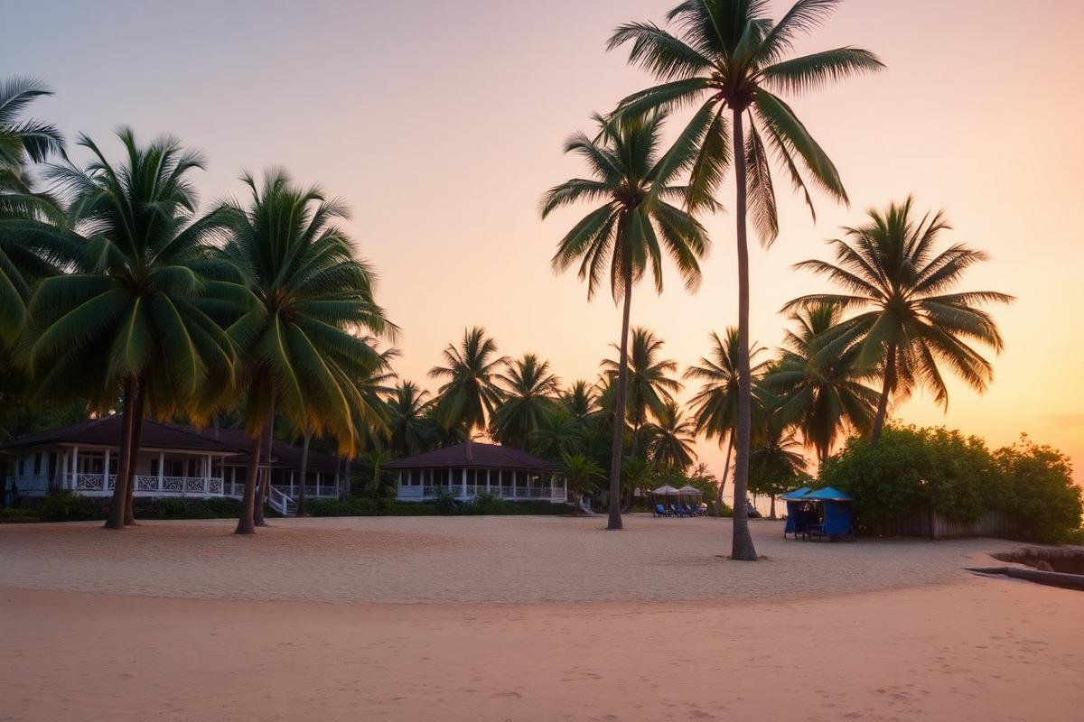 Moragalla Beruwala Sri Lanka quiet beach resort area with coconut palms, calm sandy beach and small mid-range beach hotel in soft golden hour light
