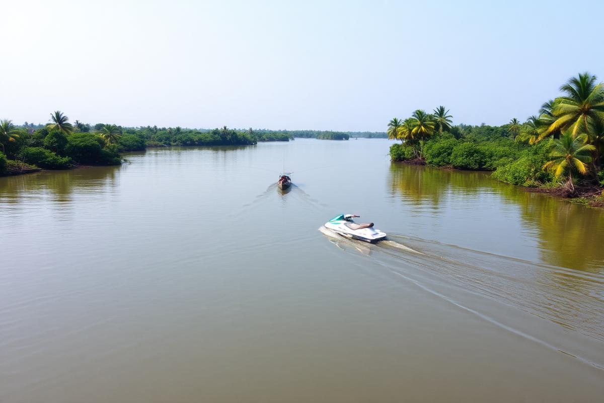 Bentota River Sri Lanka calm wide lagoon with mangroves, coconut palms reflecting in the still water, small boats and a jet ski crossing in tropical southwest coast light