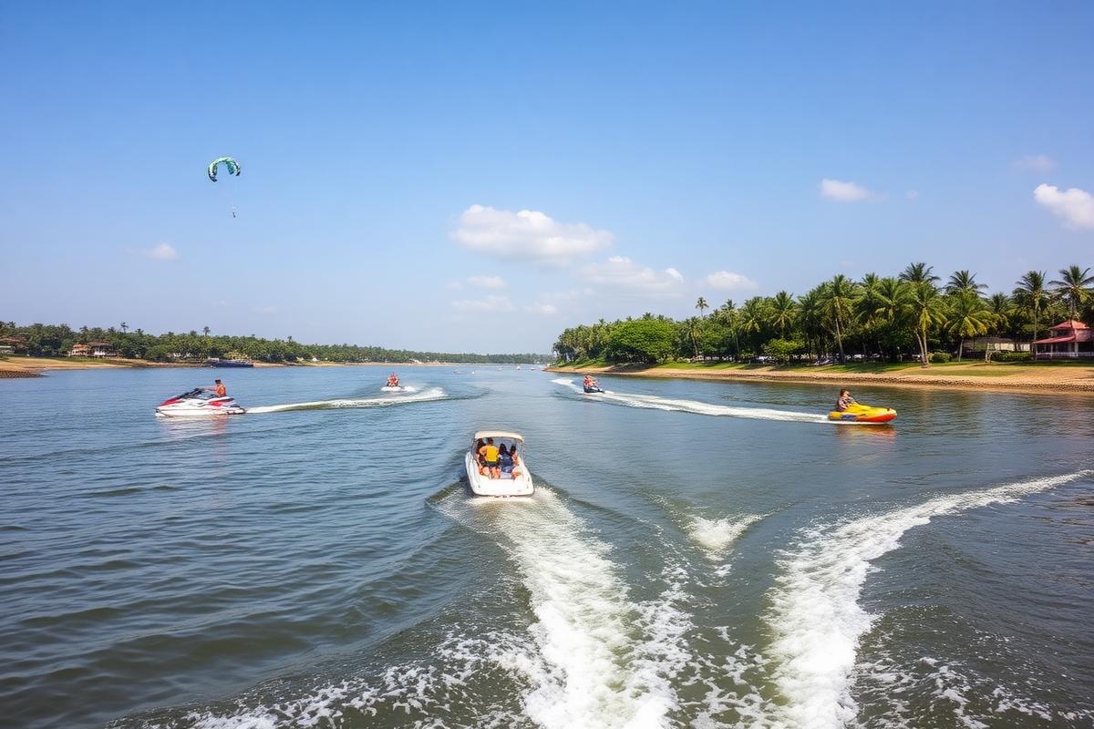 Bentota Sri Lanka water sports on the Bentota River with jet skis, banana boat and parasailing in the distance, palm-lined banks in sunny afternoon light