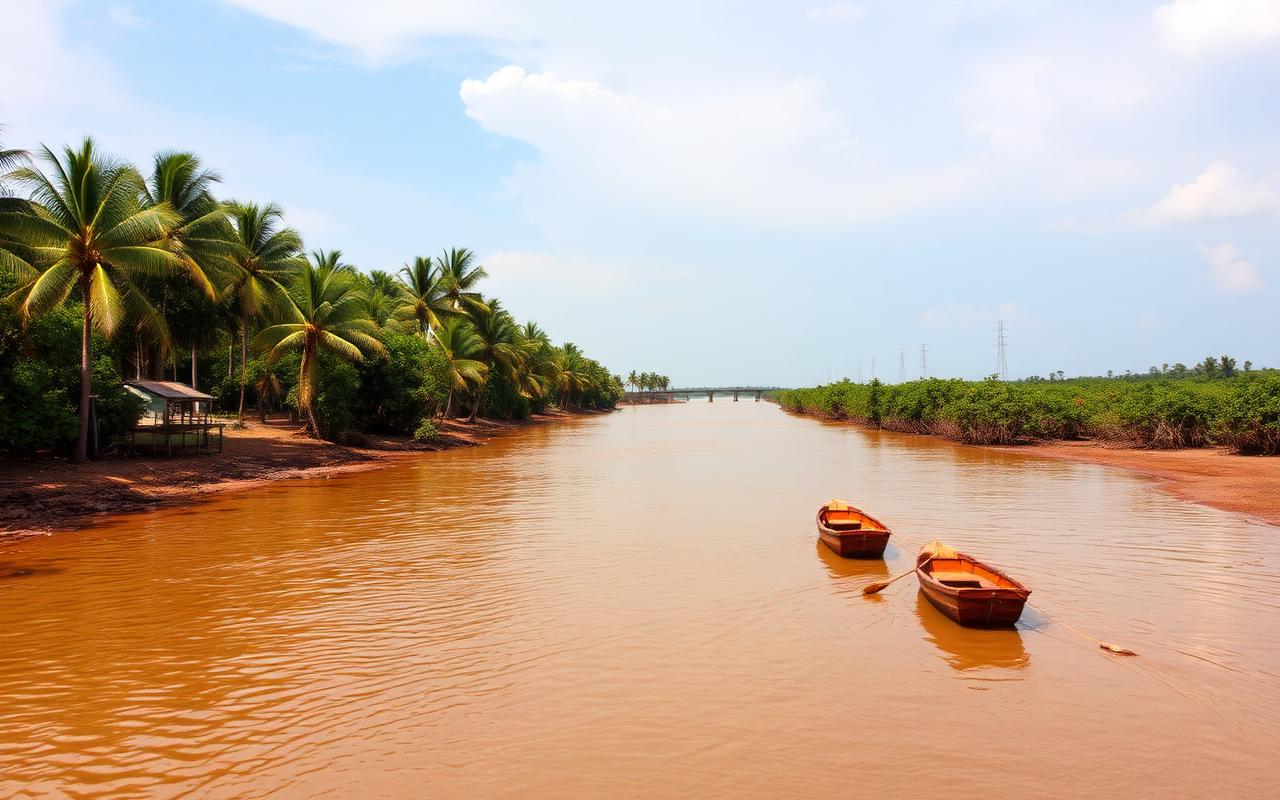 Aluthgama Sri Lanka Bentota river estuary scene with palm-lined river, small wooden boats, Bentota bridge in the distance, mangroves and warm tropical west coast atmosphere