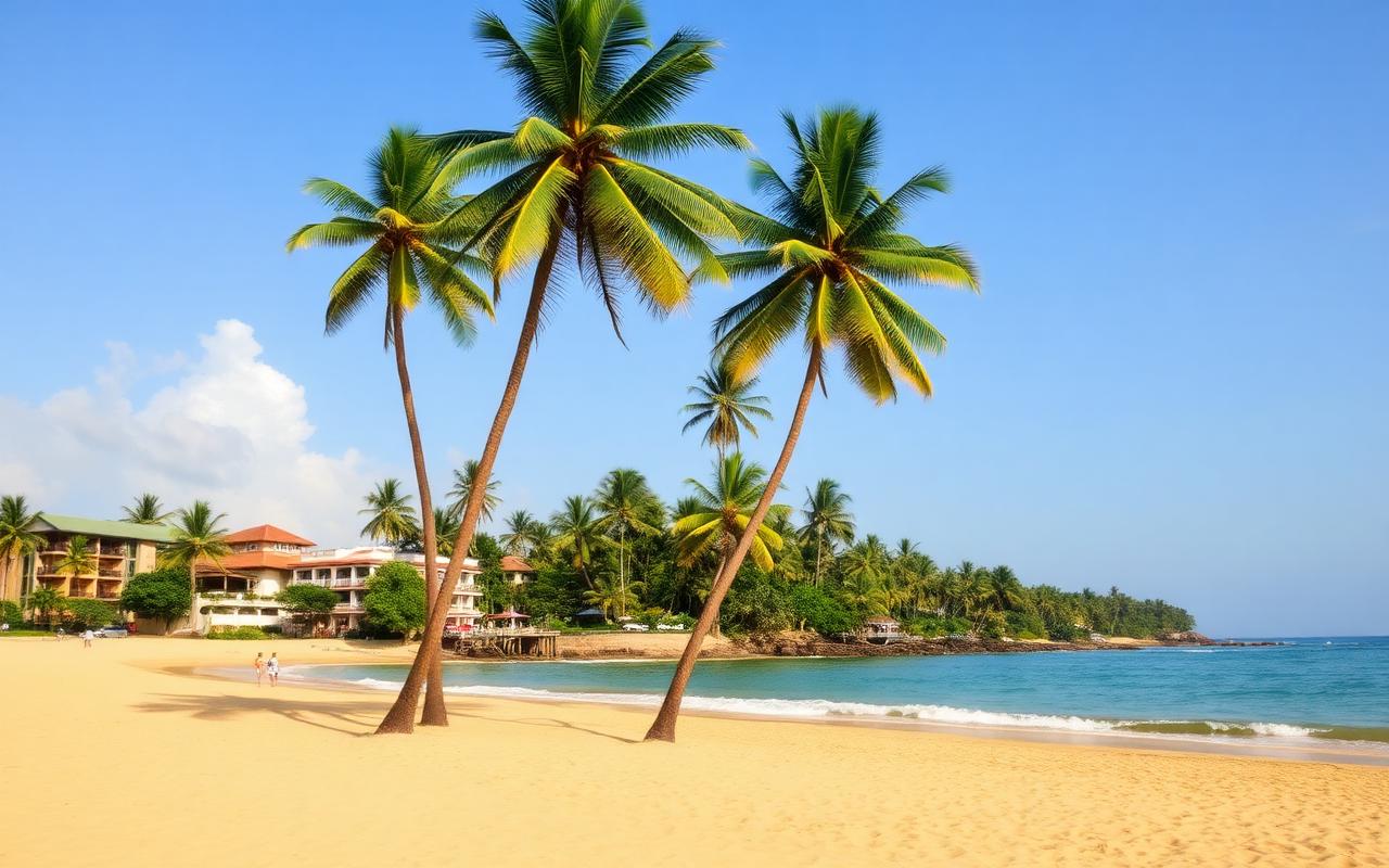 Beruwala Beach Sri Lanka long west coast golden sandy beach with tall coconut palms, calm turquoise Indian Ocean and beachfront resort buildings behind the palms on a sunny day