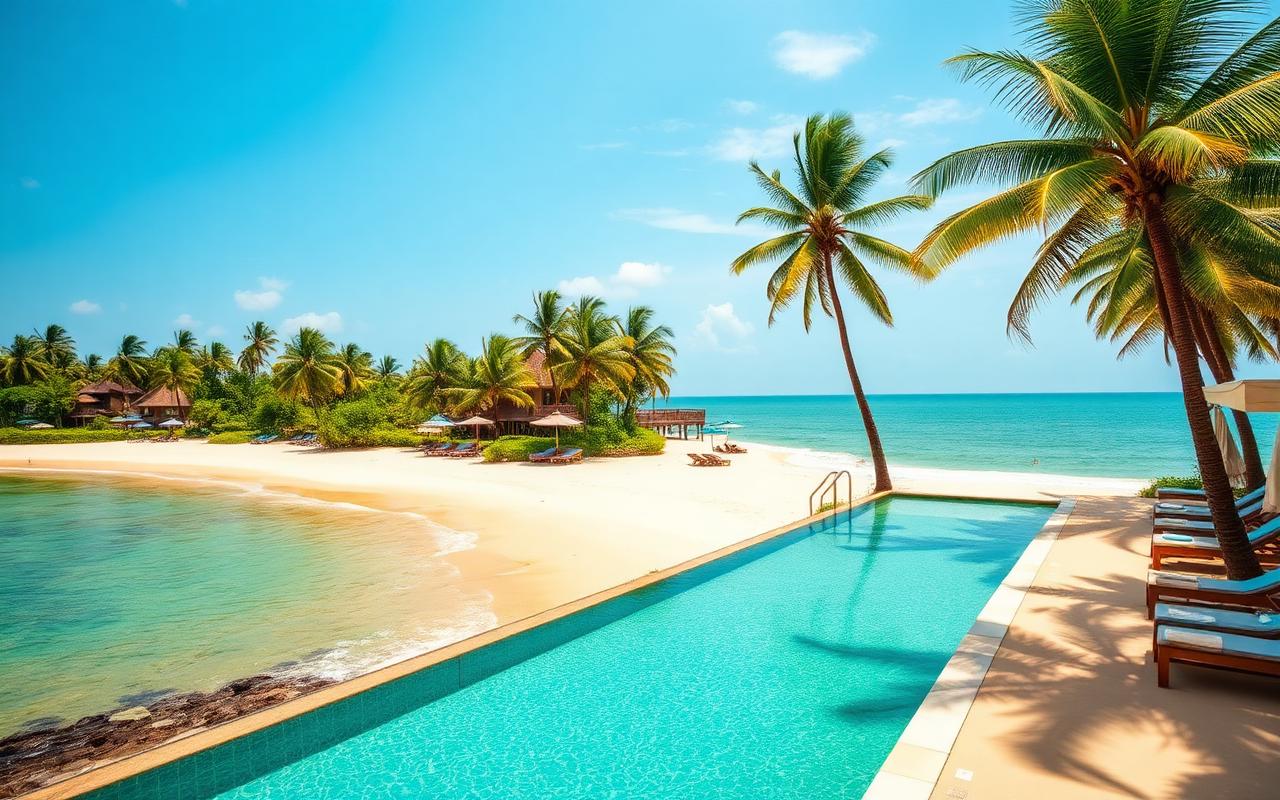 Bentota Sri Lanka classic west coast beach resort with river meeting ocean, palm-lined sandbar, premium resort with infinity pool and palm trees on a sunny tropical afternoon