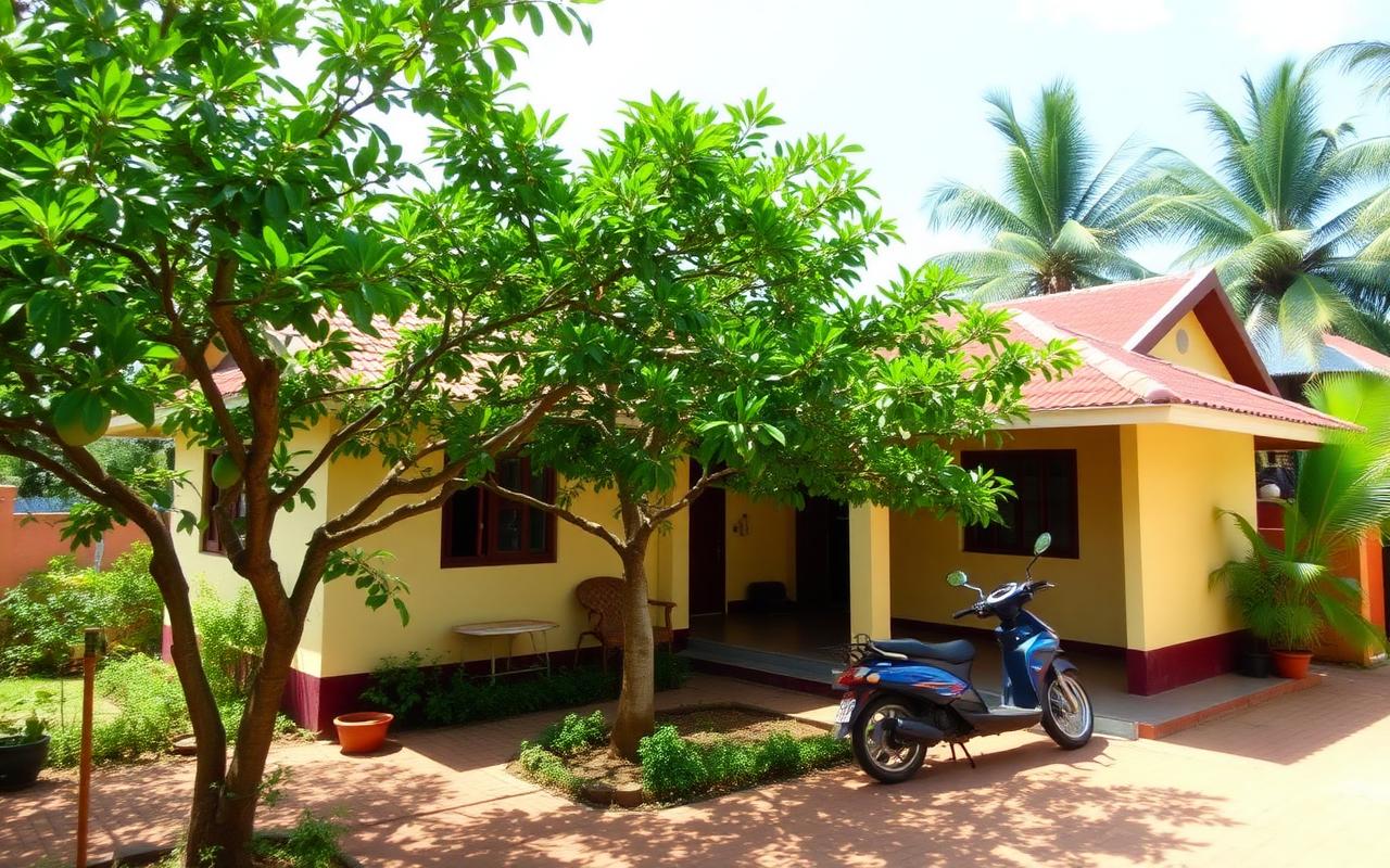 Family-run guesthouse near Beruwala Sri Lanka with simple painted bungalow, leafy garden, mango tree, palm trees and parked scooter in casual local west coast atmosphere