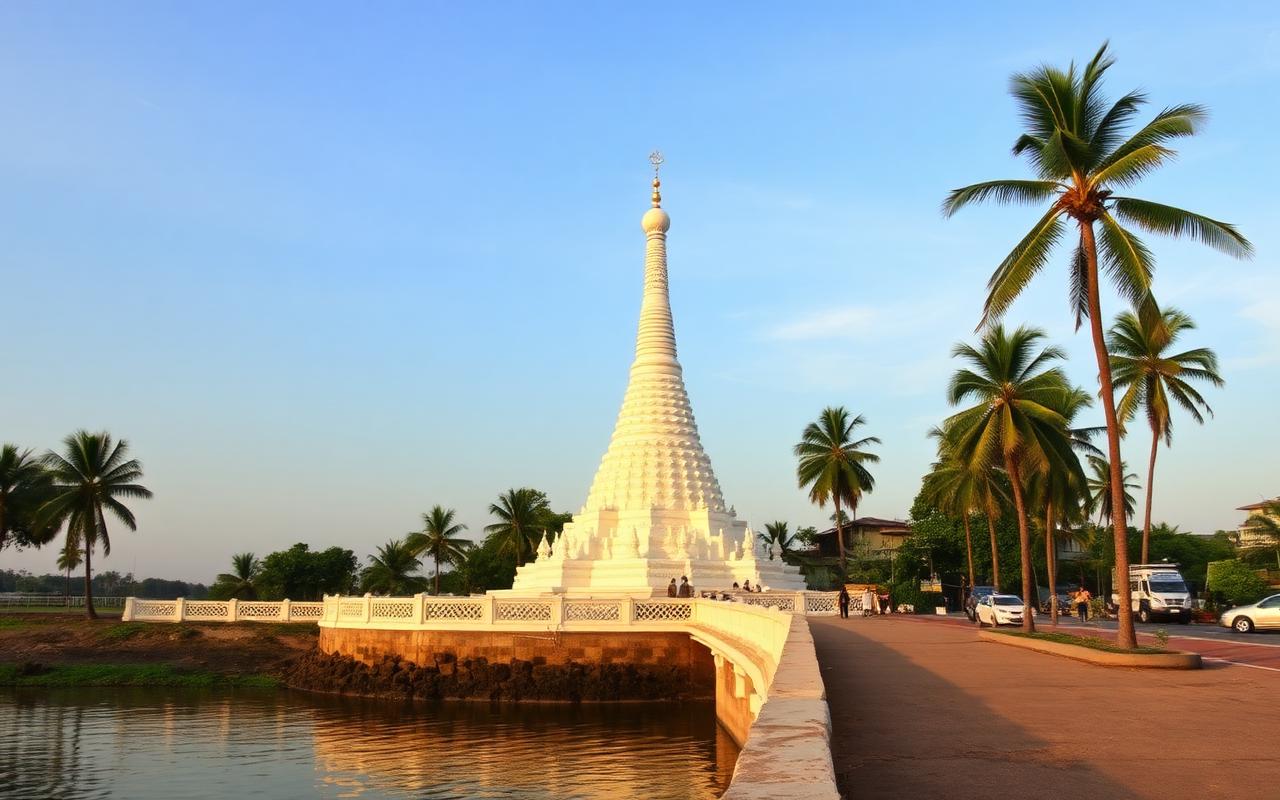 Kalutara Sri Lanka view of the iconic white Kalutara Bodhiya stupa near the bridge with palm trees, calm river and west coast atmosphere at golden hour