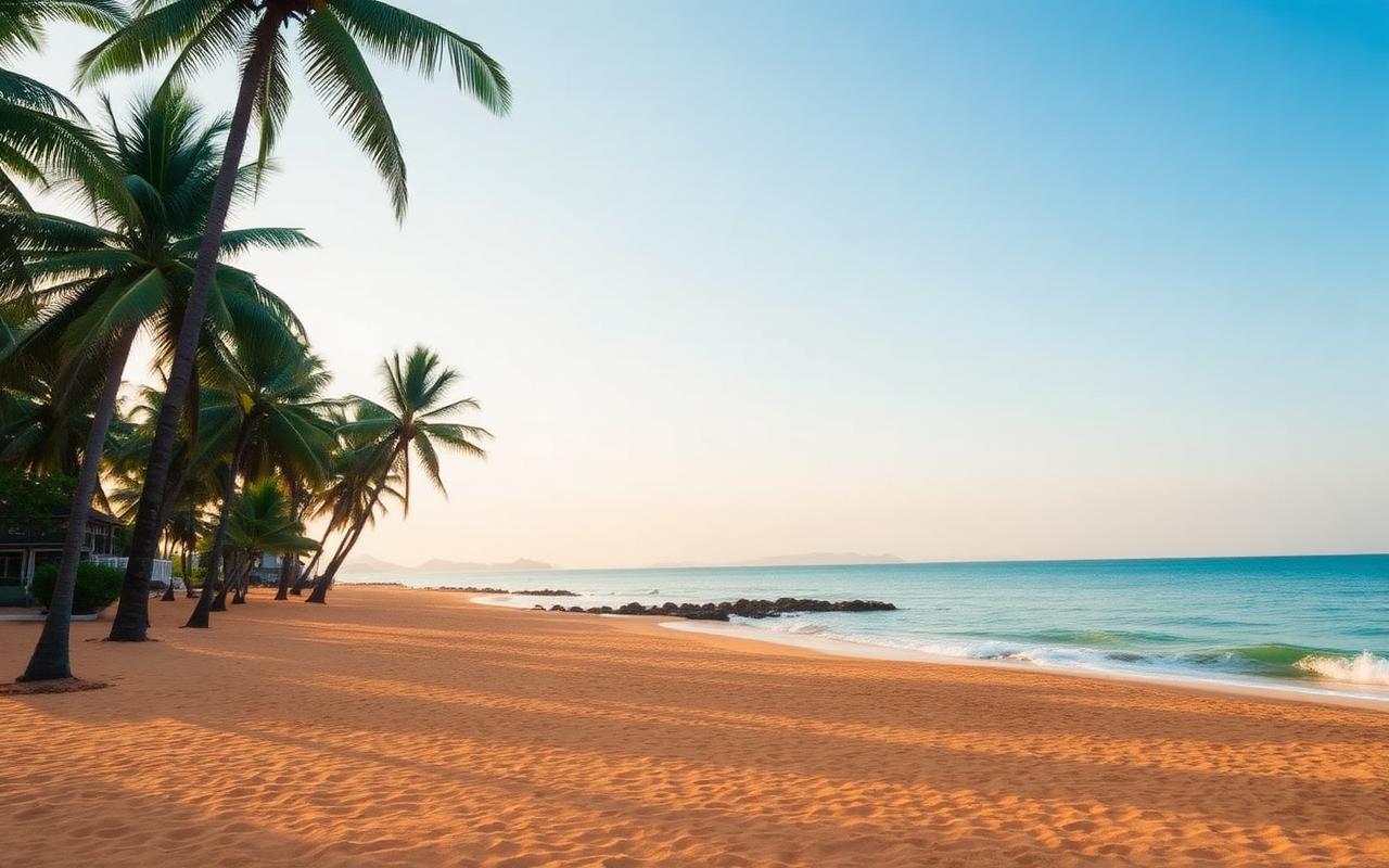 Moragalla Beach Sri Lanka quiet west coast sandy beach between Beruwala and Bentota with tall palm trees, soft golden sand, calm turquoise sea and a small boutique beach hotel behind palms at golden hour