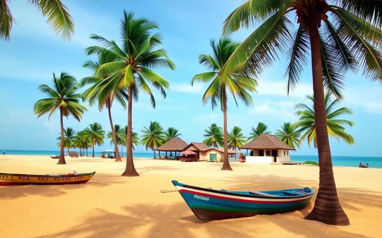 Payagala Maggona Sri Lanka quiet local west coast village beach with coconut palms, simple painted fishing boats on golden sand and modest local guesthouses behind palms