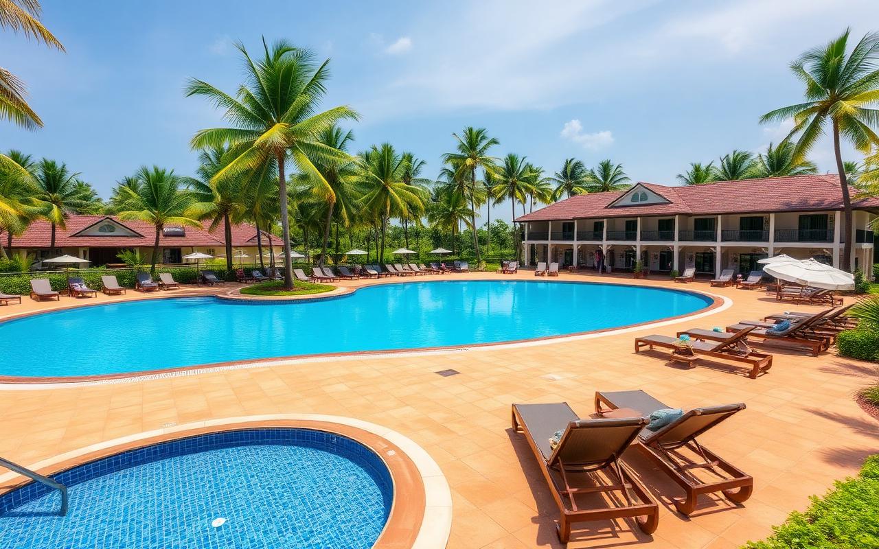 Beruwala Sri Lanka large family beach resort pool area with palm trees around the deck, big blue swimming pool, sun loungers, kids' pool area and low-rise tropical resort building on a sunny day