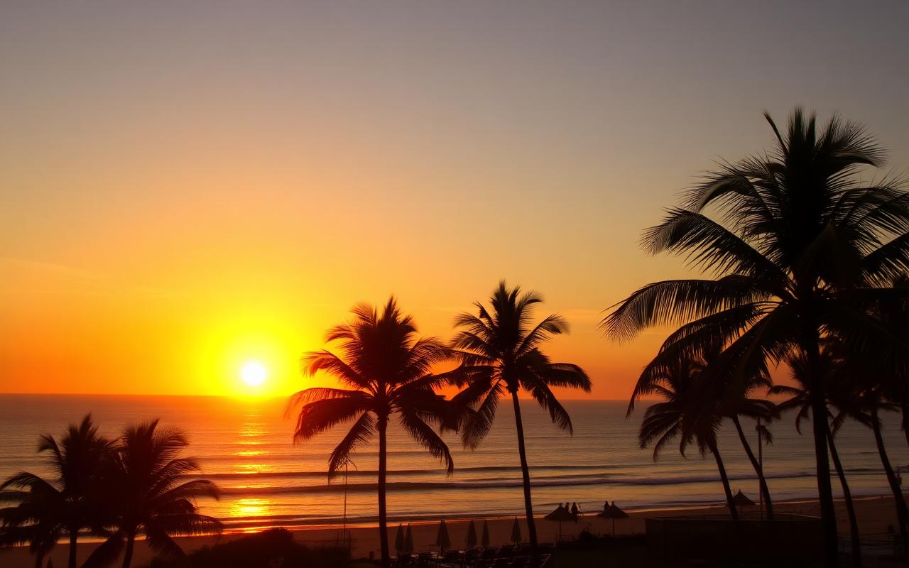 West coast Sri Lanka sunset over the Indian Ocean between Moragalla and Bentota with silhouetted palm trees, golden orange sky and beach hotel terrace in foreground