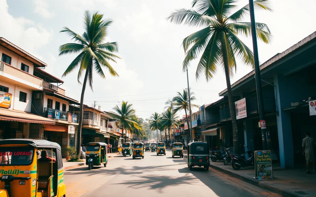 Beruwala town Sri Lanka local street scene with colorful shops, tuk-tuks, palm trees, low buildings and warm afternoon light showing west coast town atmosphere near the harbor