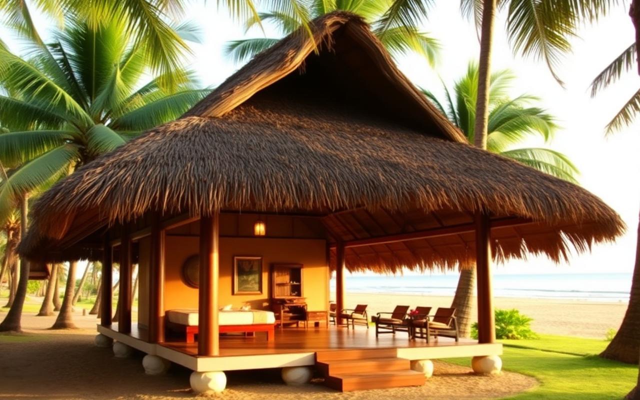Beruwala Sri Lanka Ayurveda wellness beach resort with traditional thatched-roof treatment pavilion among palm trees, herb garden, calm beach in background and tropical wellness atmosphere