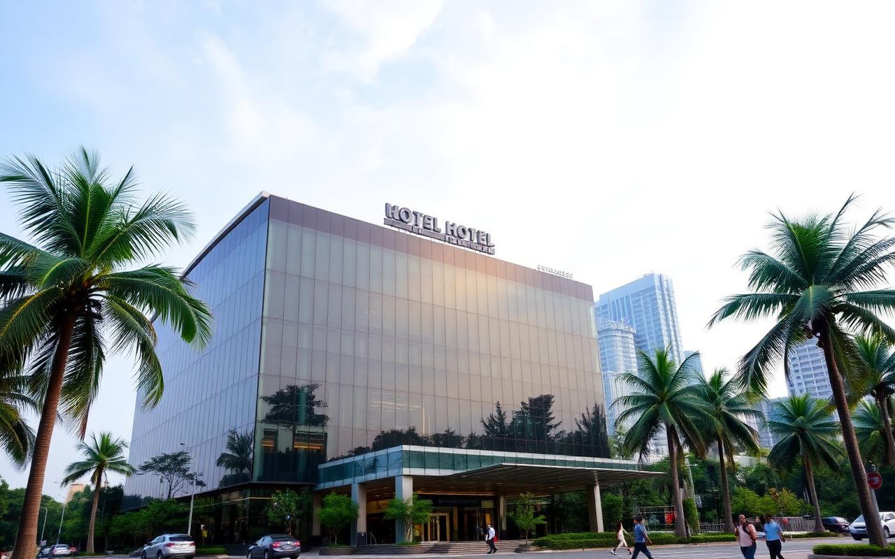 Modern business hotel in Colombo Sri Lanka with glass facade, palm trees, professional travelers at entrance and urban skyline