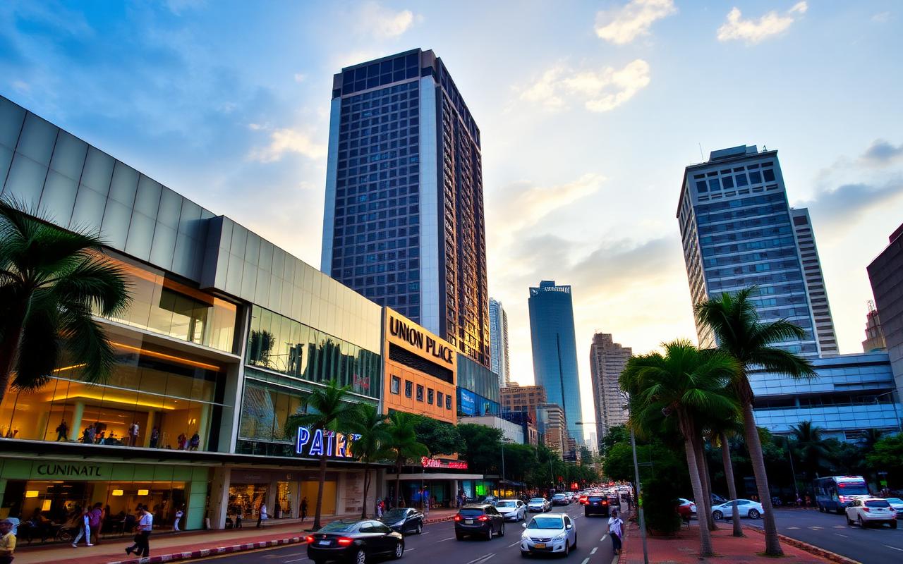 Colombo City Centre and Union Place Sri Lanka with modern shopping mall, high-rise office buildings, busy urban road and palm trees