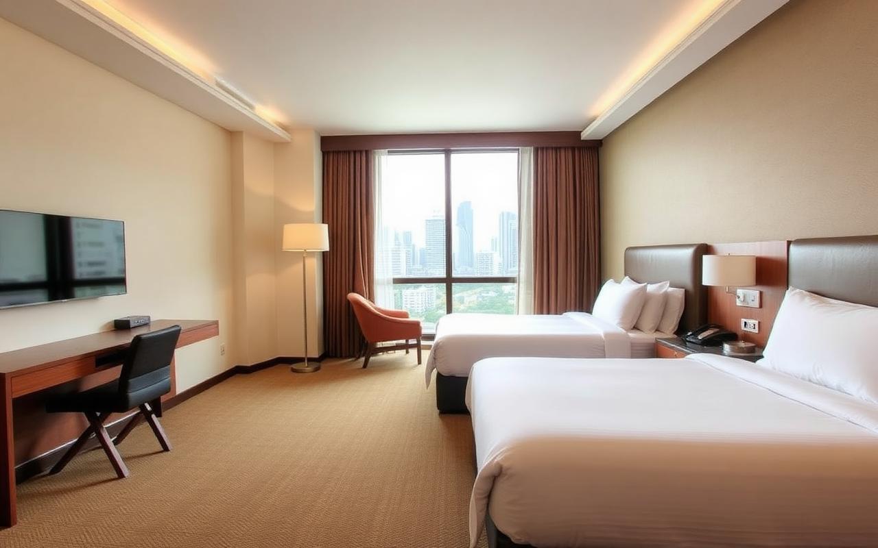 Family hotel room reference in Colombo Sri Lanka with two double beds, modern interior and city skyline view