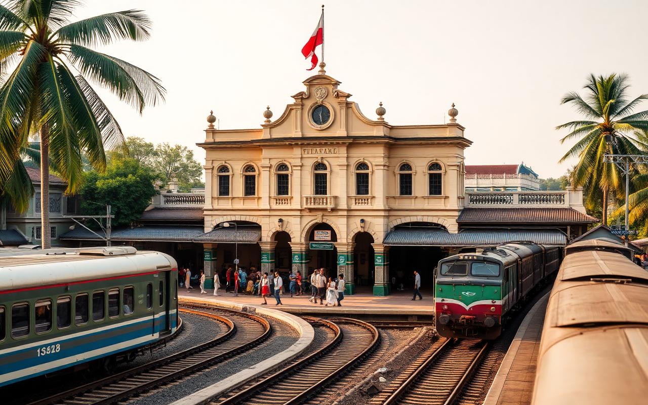 Colombo Fort railway station Sri Lanka with colonial station building, trains, passengers and palm trees