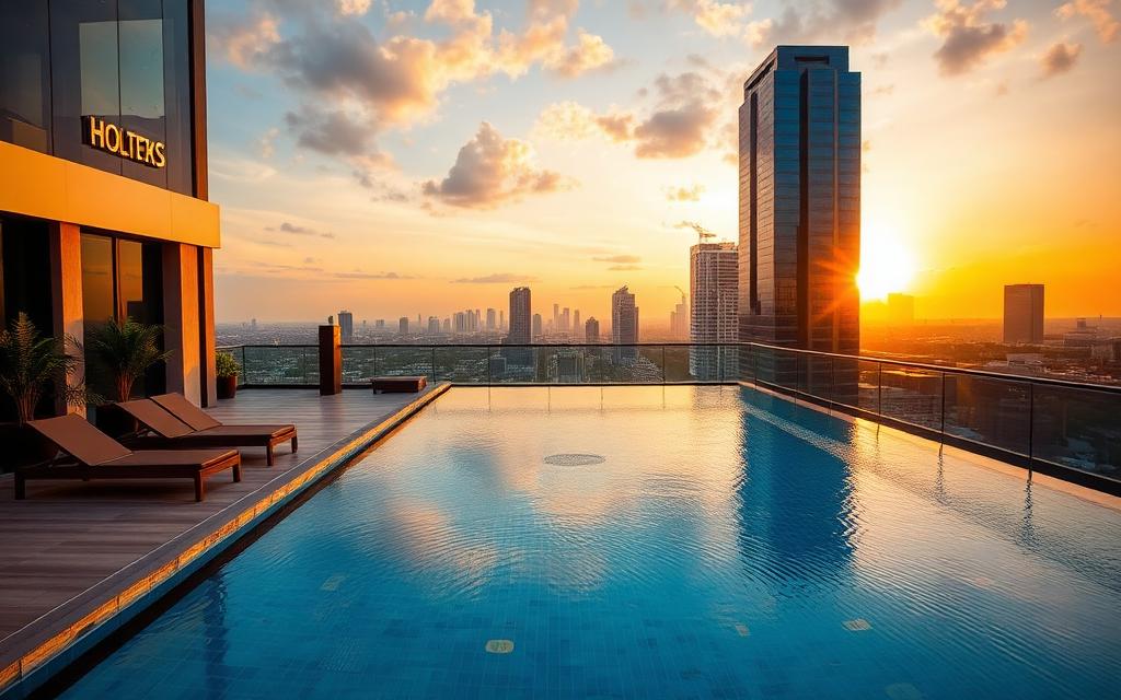 Five-star hotel reference on the Galle Face seafront Colombo Sri Lanka with pool, palm trees and ocean view