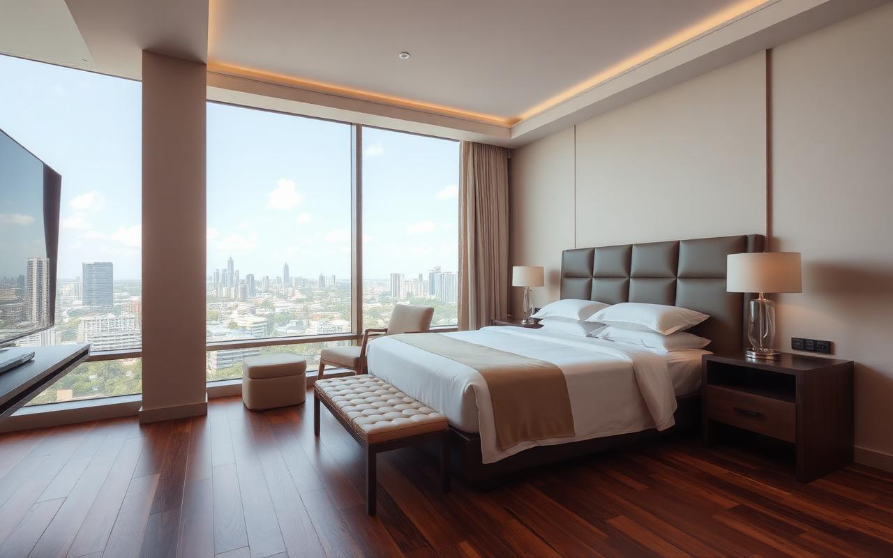 Simple practical hotel room reference in Colombo Sri Lanka with double bed, wooden floor and city view