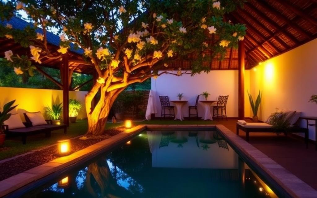 Boutique villa garden near Dambulla Sri Lanka with a frangipani tree, calm pool and warm lantern light in the evening