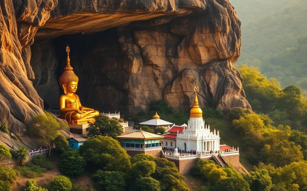 Dambulla Cave Temple complex in Sri Lanka with a large golden Buddha statue and white temple buildings on a rocky hillside surrounded by green trees in warm light
