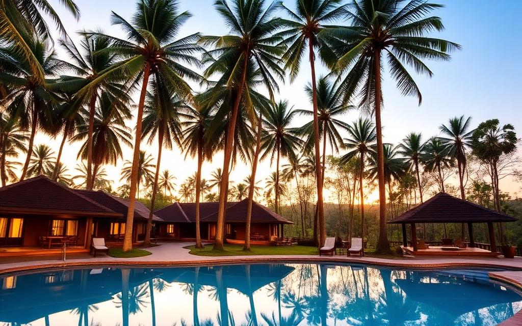 Habarana resort area near Dambulla Sri Lanka with a low-rise lodge, swimming pool and tall coconut palms surrounded by dry-zone forest at golden hour