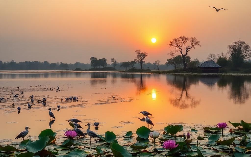 Ibbankatuwa lake near Dambulla Sri Lanka at sunrise with calm water, lotus flowers, herons and a small local guesthouse on the shore in soft golden light