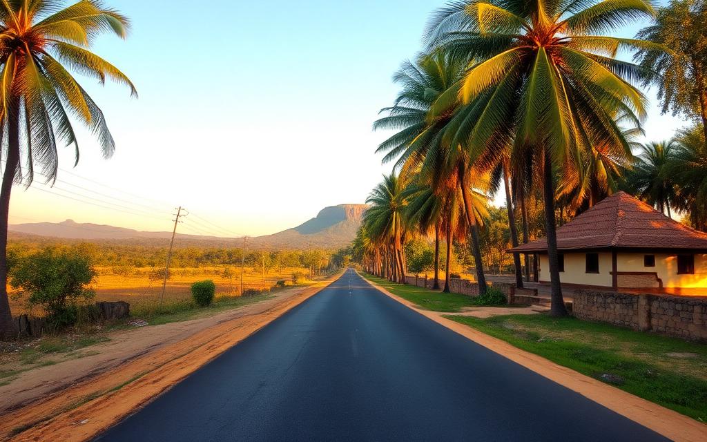 Quiet rural road in Inamaluwa near Dambulla Sri Lanka with palm trees, a small roadside hotel, dry-zone landscape and a distant rocky outcrop on the horizon