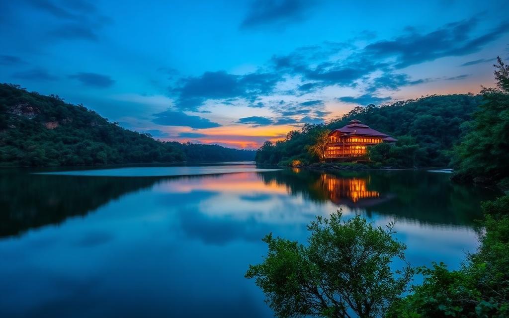 Kandalama lake near Dambulla Sri Lanka at sunset with an eco-luxury hotel reflected in calm water surrounded by jungle and dry-zone hills
