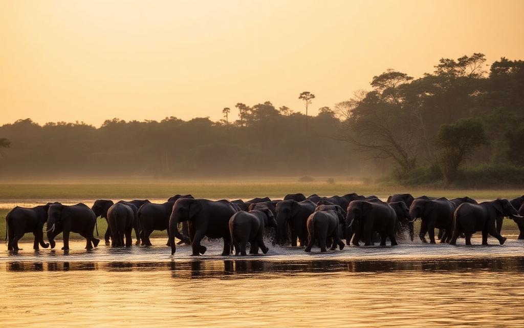 Wild elephant herd at Minneriya National Park lake near Dambulla and Habarana at golden hour